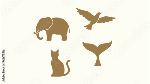 Minimalist animal silhouettes featuring an elephant bird cat and whale tail in warm tan tones