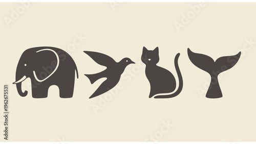 Minimalist animal silhouette collection with elephant bird cat and whale tail on cream background
