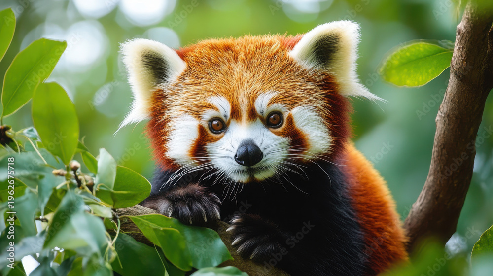 Fototapeta premium Adorable Red Panda Sitting on a Tree Branch Surrounded by Lush Green Leaves