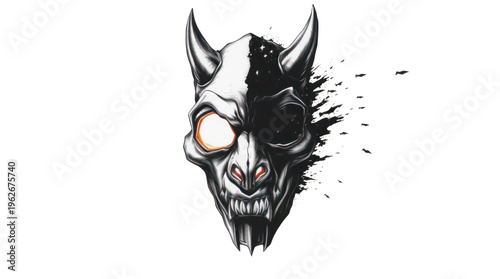 Demon Skull Mask with a Glowing Eye Disintegrating into Dark Particles Against a Transparent Background