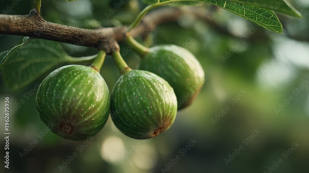 Fototapeta premium Fresh Green Figs Growing on Tree Branch in Natural Garden
