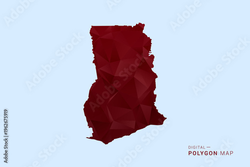 Ghana Map - Low poly polygon map in deep red gradient on light blue background, modern minimal geometric design, vector illustration with faceted triangulated style.