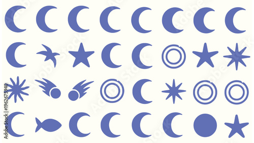 A collection of periwinkle celestial icons featuring crescent moons and stars with a minimalist flat style