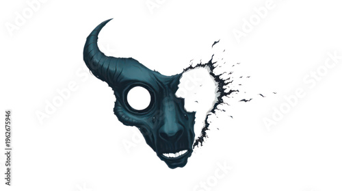 Mask of a Demon Face Dissolving into Abstract Fragments on a Transparent Background