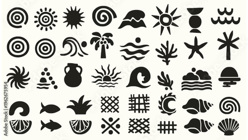 Minimalist collection of black summer icons with organic hand-drawn shapes and linocut style on cream background