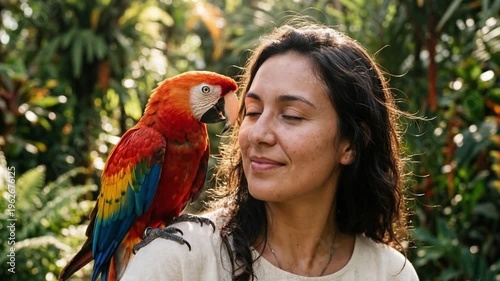 Woman enjoying a close moment with a colorful parrot in a tropical setting