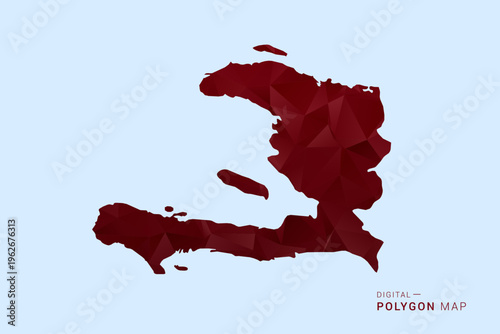 Haiti Map - Low poly polygon map in deep red gradient on light blue background, modern minimal geometric design, vector illustration with faceted triangulated style.