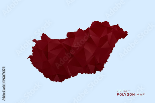 Hungary Map - Low poly polygon map in deep red gradient on light blue background, modern minimal geometric design, vector illustration with faceted triangulated style.