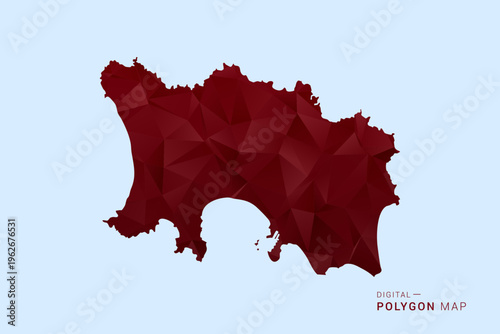 Jersey Map - Low poly polygon map in deep red gradient on light blue background, modern minimal geometric design, vector illustration with faceted triangulated style.