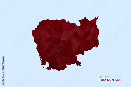Obraz na plátne Cambodia Map - Low poly polygon map in deep red gradient on light blue background, modern minimal geometric design, vector illustration with faceted triangulated style