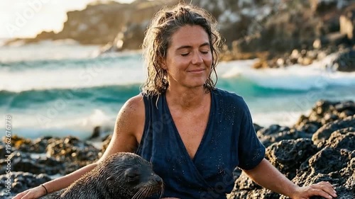 Woman sitting peacefully by the ocean with eyes closed in a calm moment