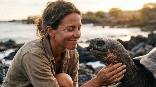 Woman interacting closely with a reptile in a natural outdoor setting