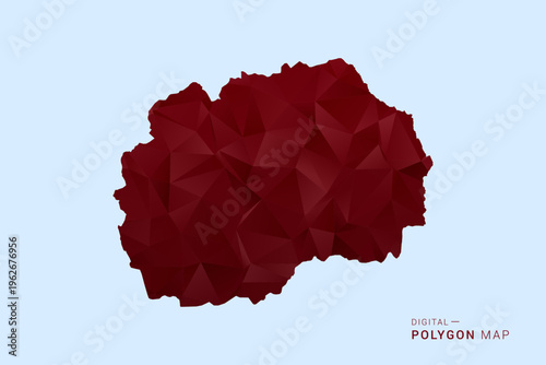 Macedonia Map - Low poly polygon map in deep red gradient on light blue background, modern minimal geometric design, vector illustration with faceted triangulated style.