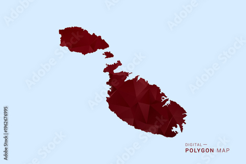 Malta Map - Low poly polygon map in deep red gradient on light blue background, modern minimal geometric design, vector illustration with faceted triangulated style.