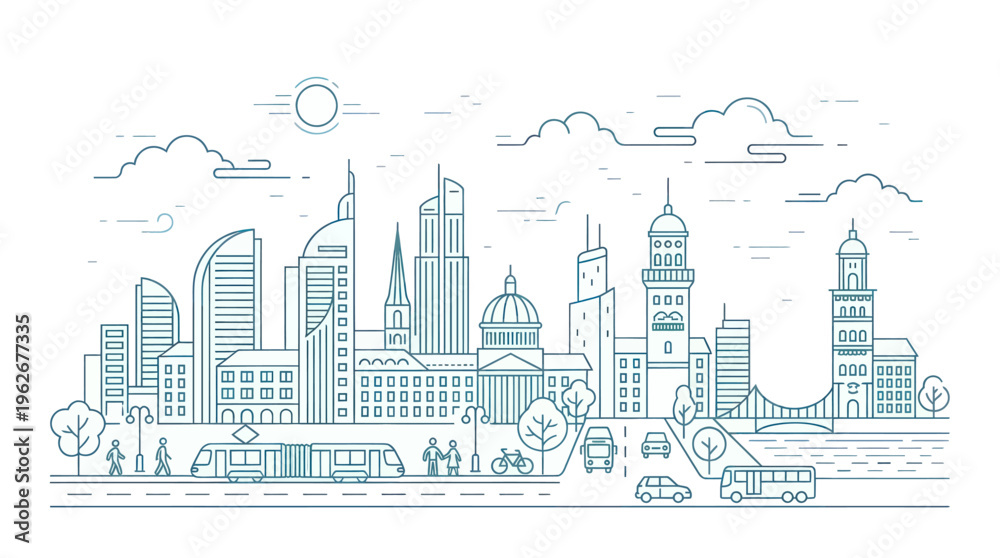 Fototapeta premium Modern City Skyline with Diverse Architecture and Transportation.