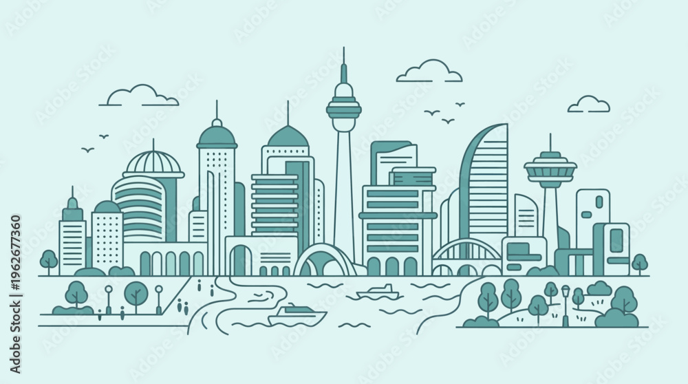 Fototapeta premium Modern Cityscape Skyline with River and Park in Outline Style.