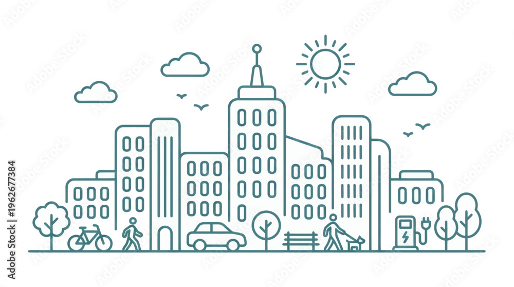 Fototapeta premium Modern Cityscape with Eco-Friendly Elements and Urban Life.
