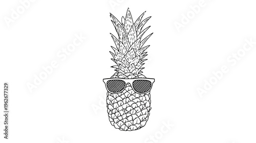 Line drawing of a pineapple with sunglasses, against a white background, representing coolness