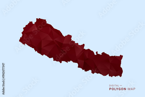 Nepal Map - Low poly polygon map in deep red gradient on light blue background, modern minimal geometric design, vector illustration with faceted triangulated style.