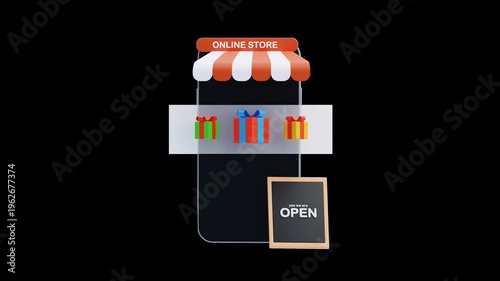 3D animation of Online store app with gifts and open sign