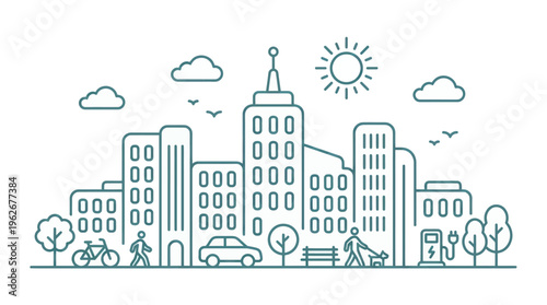 Modern Cityscape with Eco-Friendly Elements and Urban Life.