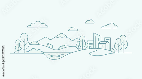 Modern Cityscape with Natural Elements and Mountains in a Clean Line Art Style.