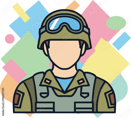 Modern Soldier Character Vector Illustration with Colorful Geometric Abstract Background