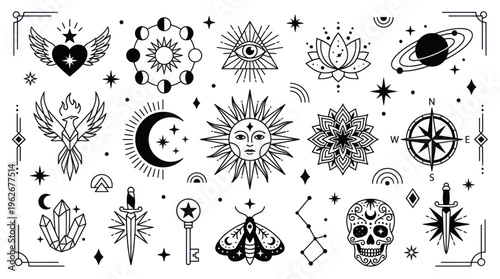 Mystical Celestial Symbols and Esoteric Elements Collection.