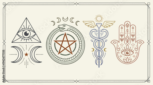 Mystical Esoteric Symbols Collection with All Seeing Eye and Pentagram.