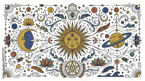 Mystical Celestial Sun Moon and Planets Esoteric Symbols.