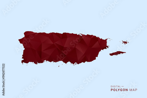 Puerto Rico Map - Low poly polygon map in deep red gradient on light blue background, modern minimal geometric design, vector illustration with faceted triangulated style.