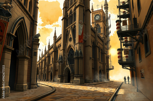 Gothic Medieval Steampunk Street at Dawn with Fog and Golden Light