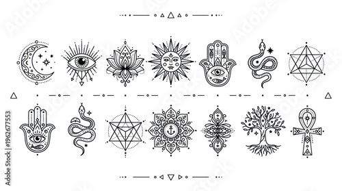 Mystical Esoteric Symbols Collection with Moon Sun Hamsa Hand and Snake.