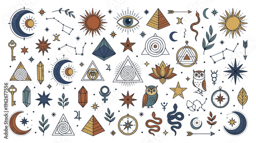 Mystical Esoteric Symbols Collection with Celestial and Spiritual Elements.