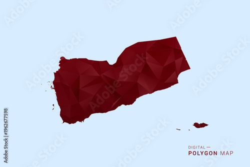 Yemen Map - Low poly polygon map in deep red gradient on light blue background, modern minimal geometric design, vector illustration with faceted triangulated style.