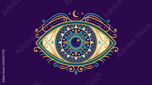Intricate eye design with detailed patterns and vibrant colors on purple background.