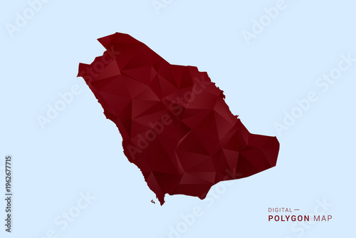 Saudi Arabia Map - Low poly polygon map in deep red gradient on light blue background, modern minimal geometric design, vector illustration with faceted triangulated style.