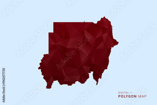 Sudan Map - Low poly polygon map in deep red gradient on light blue background, modern minimal geometric design, vector illustration with faceted triangulated style.