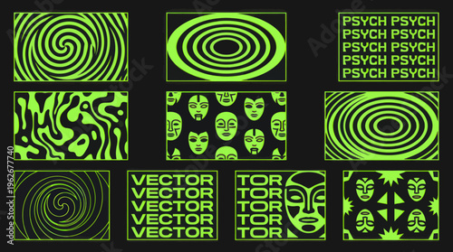 Psychedelic Abstract Graphic Elements with Swirls and Faces.