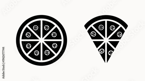 A set of pizza illustrations, one whole, one slice, featuring triangle slices with toppings