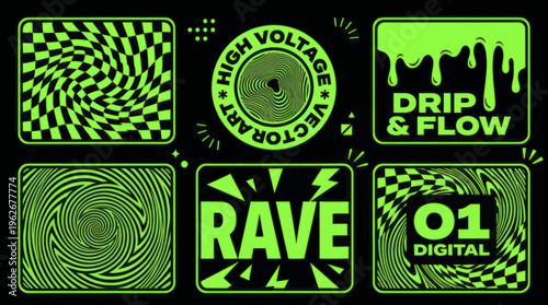 Psychedelic Rave Culture Graphics Collection with Swirls and Drips.