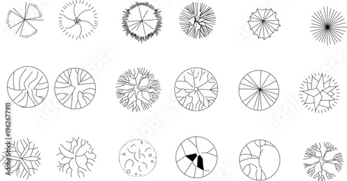Technical architectural plan view symbols showing various trees, shrubs and plants with different canopy patterns for landscape design.