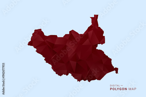 South Sudan Map - Low poly polygon map in deep red gradient on light blue background, modern minimal geometric design, vector illustration with faceted triangulated style.