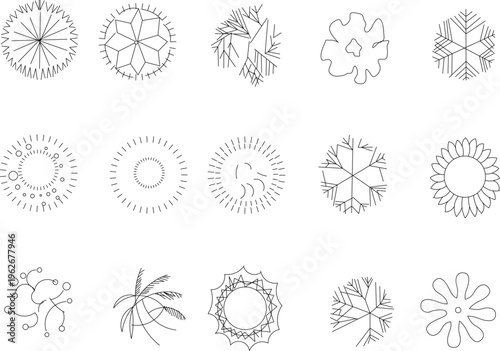Technical architectural plan view symbols showing various trees, shrubs and plants with different canopy patterns for landscape design.