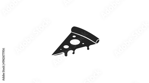 A black and white illustration shows a slice of pizza with drippy cheese. The graphic is set against a white backdrop