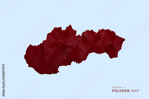Slovakia Map - Low poly polygon map in deep red gradient on light blue background, modern minimal geometric design, vector illustration with faceted triangulated style.