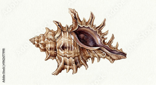 Vintage watercolor murex shell illustration, isolated on white, spiky seashell.
화이트 배경에 고립된 빈티지 수채화 스타일의 뿔소라 세밀화 일러스트
