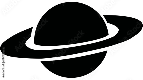 A black silhouette of a celestial body with rings, resembling a planet