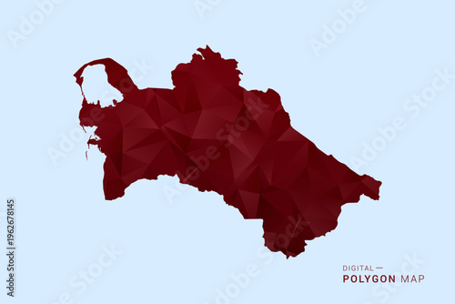 Turkmenistan Map - Low poly polygon map in deep red gradient on light blue background, modern minimal geometric design, vector illustration with faceted triangulated style.