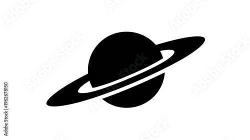 Black graphic depicting a celestial body with rings against a clean white background
